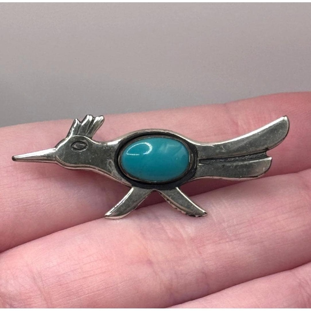 Vintage Bell Trading Post Sterling Silver Roadrunner Brooch Turquoise Southwest